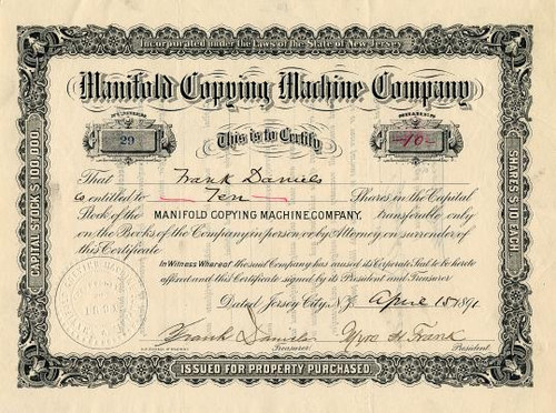 Manifold Copying Machine Company - Jersey City, New Jersey 1891