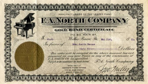 F. A. North Company ($50 Gold Bond Certificate)  Lester Piano Vignette - Wilkes Barre, Pennsylvania 1911