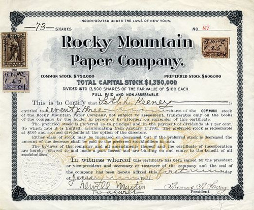 Rocky Mountain Paper Company - New York 1901