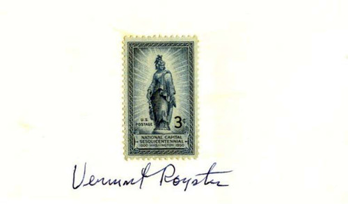 Vermont Royster (Wall Street Journal Editor)  autograph on a 3" x 5" card on U. S. Postage 3 Cent stamp