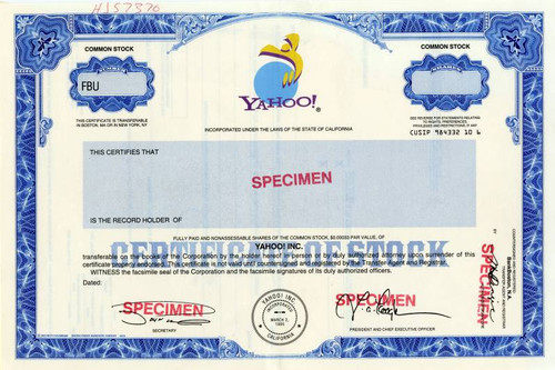 Yahoo Specimen Stock Certificate (Jerry Yang as President/CEO)