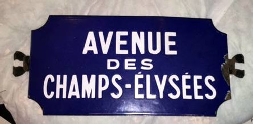 Original Early 1900's Porcelain Paris Street Sign, "Avenue Des Champs-Elysees", 10"x23"
