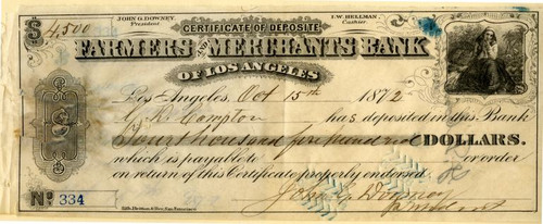 Farmers and Merchants Bank of Los Angeles with G.D. Compton (City of Compton Founder) & Downey (City of Downey Founder) Autographs - 1872
