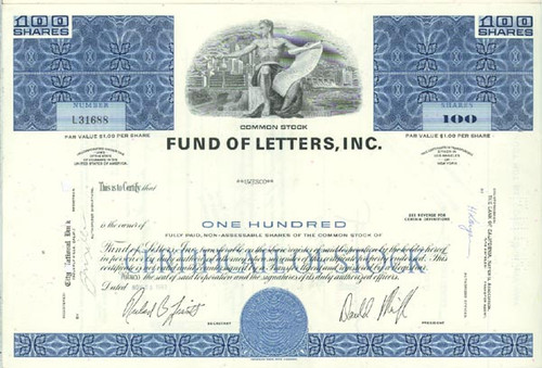 Pack of 100 Certificates - Fund Of Letters, Inc. - Price includes shipping costs to U.S.