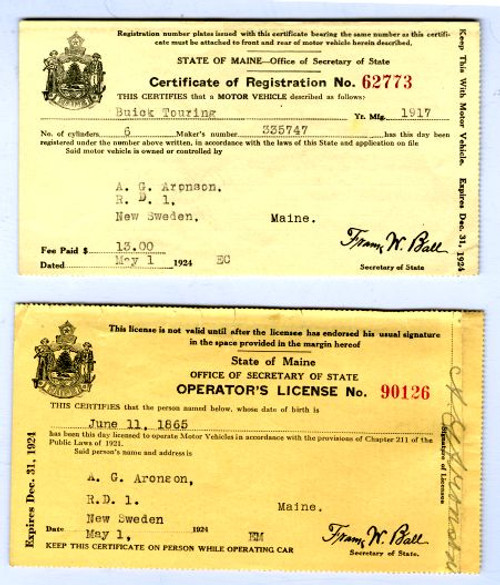 Early Drivers License and Registration for Buick Touring Car - Maine 1926