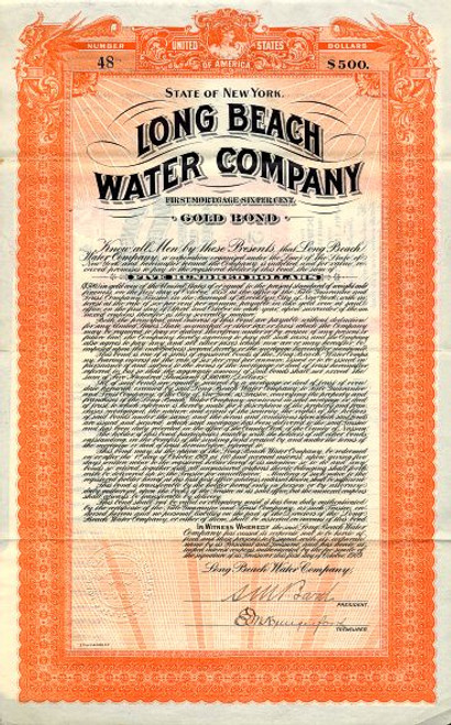 Long Beach Water Company Bond - New York 1909