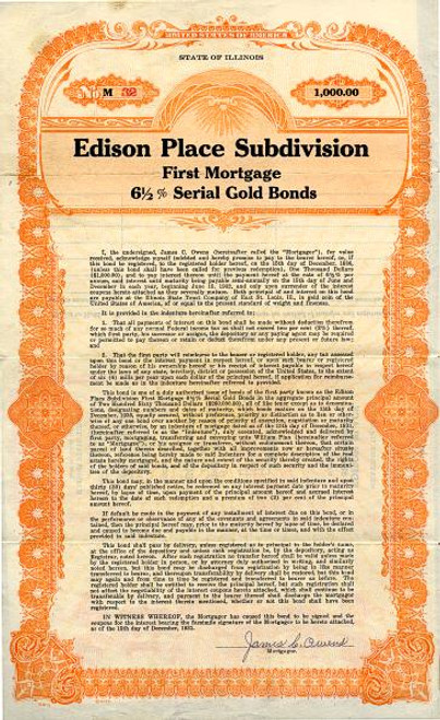 Edison Place Subdivision First Mortgage Gold Bond - Madison County, Illinois 1931
