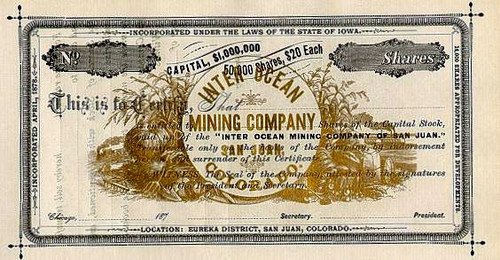 Inter Ocean Mining Company-  Eureka District, Colorado 1870's