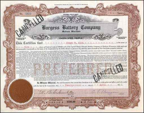 Burgess Battery Company signed by Founder Dr. Burgess 1920