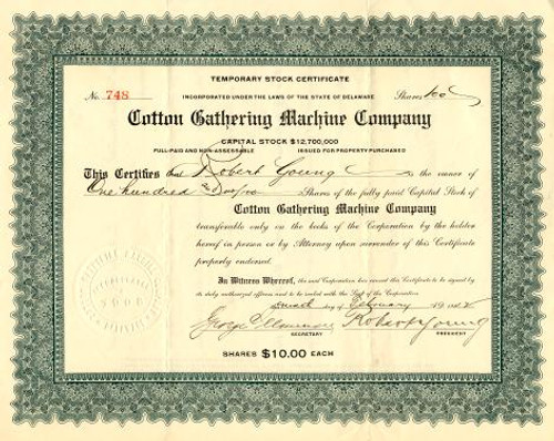 Cotton Gathering Machine Company - Delaware 1912 Cotton Gathering Machine Company - Delaware 1912