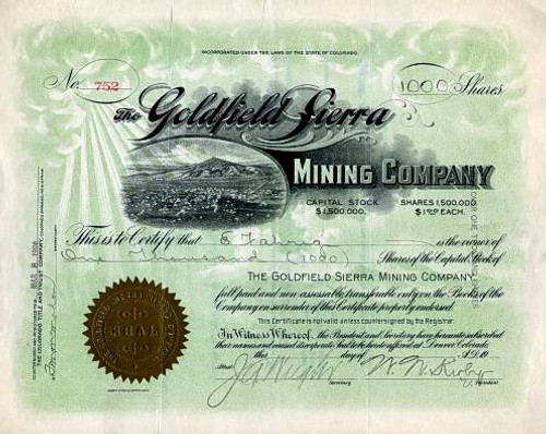 Goldfield Sierra Mining Company - Nevada. Esmeralda. Goldfield.  - Incorporated in Colorado 1906