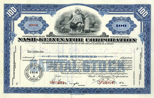 Nash Kelvinator Corporation SPECIMEN stock certificate   -  Maryland 1949