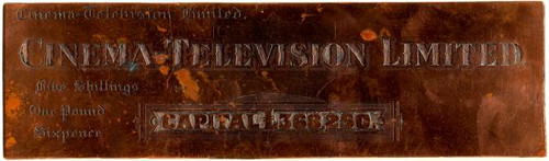 Cinema Television Limited RARE Copper Die Proof Plate - Became Cintel International Limited - 1929