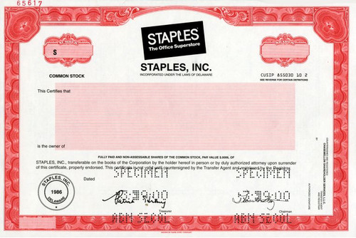 Staples, Inc. - The Office Superstore - RARE Specimen (No longer issues stock certificates) - 2000