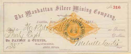 Manhattan Silver Mining Company of Nevada (IRS Revenue Stamp)  - Lander. Austin. Nevada 1881