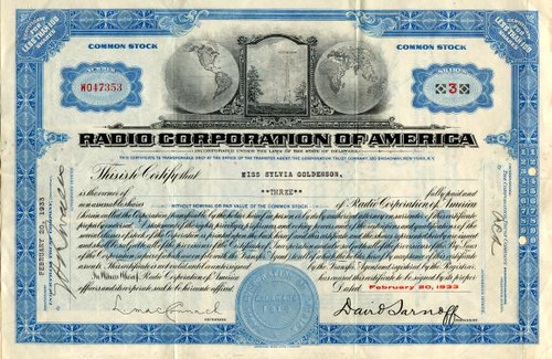 Radio Corporation of America with David Sarnoff as President- Delaware 1933