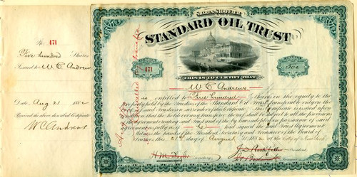 Standard Oil Trust  - Signatures of  John. D. Rockefeller, Henry M. Flagler and Jabez Abel Bostwick 1882