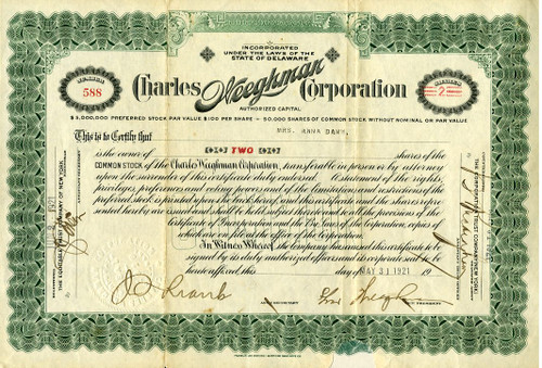 Charles Weeghman Corporation signed by Chicago Cubs Owner Charles Weeghman (In 1926, Weeghman Park was renamed Wrigley Field ) - Delaware 1921