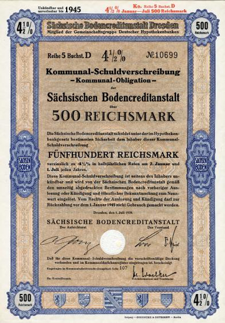 Sachsischen  Bodencreditanstalt  Mortgage Bank - Dresden, Germany  WWII Era
