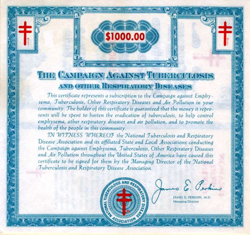 National Tuberculosis and Respiratory Disease Association ( Now American Lung Association)  - Christmas Seal Certificate 1969
