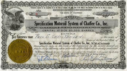 Specification Motoroil System of Chaffee County, Inc. - Colorado 1931