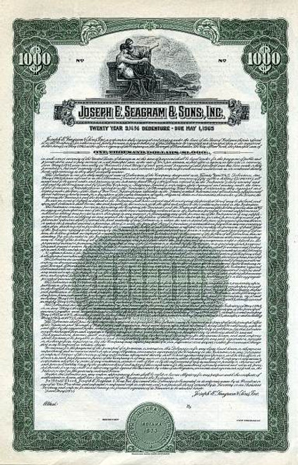 Joseph E. Seagram & Sons, Inc. $1000 Bond - Indiana 1945