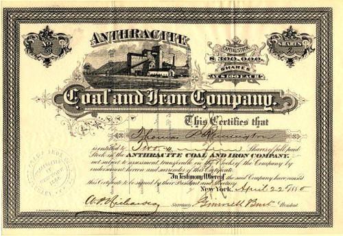 Anthracite Coal and Iron Company signed by Grinnell Burt  (Warwick Valley Railroad founder) - New York 1880