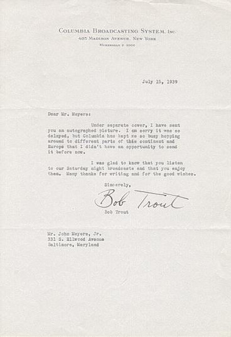 Columbia Broadcasting Systems, Inc. Letter signed by Bob Trout 1939