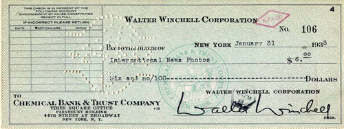 Walter Winchell Signed Check issued to International News Photos  - 1933