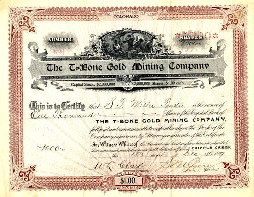 T-Bone Gold Mining Company - Cripple Creek , Colorado 1899
