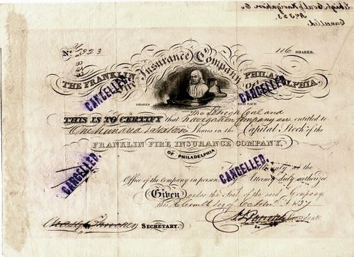 Franklin Insurance Company Philadelphia (Issued to Lehigh Coal and Navigation Company)  - Pennsylvania 1837