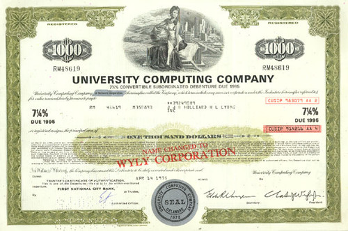 Pack of 100 Certificates - University Computing Company - Convertibile $1,000 Bond - Charles Wyly Jr as President 1970's - Price includes shipping costs to U.S.