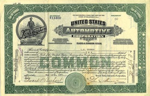 United States Automotive Corporation (Lexington Motor Company ) - Delaware 1921 United States Automotive Corporation (Lexington Motor Company ) - Delaware 1921