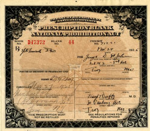 U.S. Treasury Department Prescription for Whiskey during Roaring 20's Prohibition -  1926