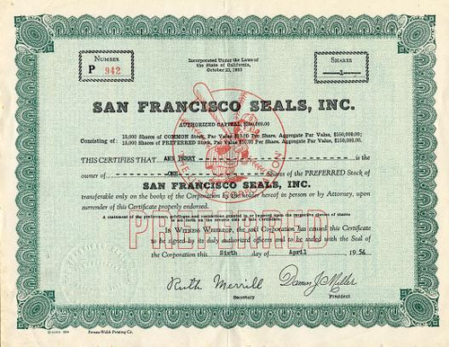 San Francisco Seals, Inc. Baseball Team (Pre S.F. Giants) - California 1954