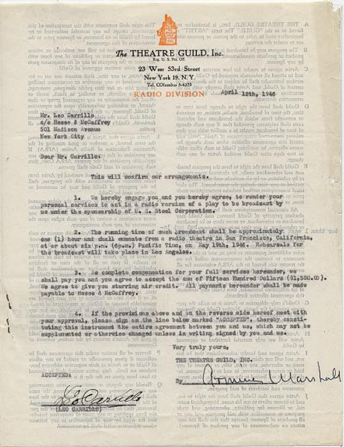 Leo Carrillo "The Cisco Kid" signed radio contract - New York 1946 Leo Carrillo "The Cisco Kid" signed radio contract - New York 1946