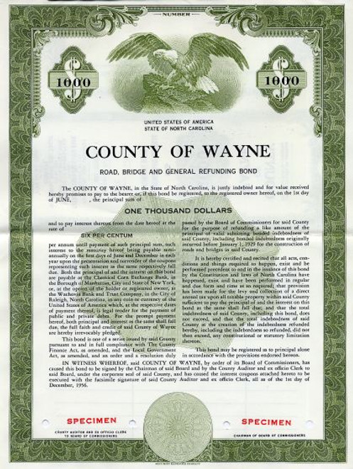 County of Wayne,  North Carolina  -  Road, Bridge and General Refunding Bond -1957
