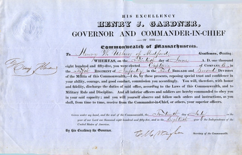 Henry J. Gardner, Governor Appointment of Henry W. Usher to Captain - Massachusetts 1855