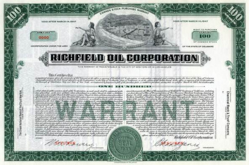 Richfield Oil Warrant Specimen - 1937