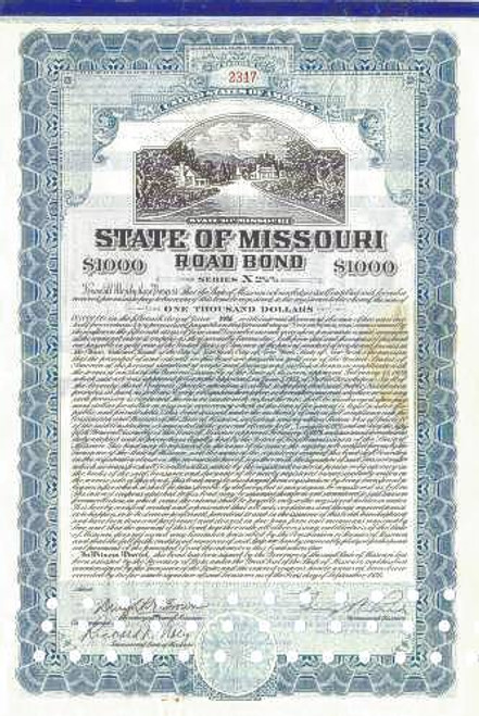 State of Missouri Road Bond signed by Governor - 1930's