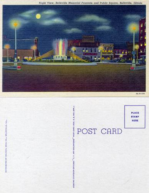 Postcard with a night view of the Belleville Memorial Fountain and Public Square, Belleville, Illinois