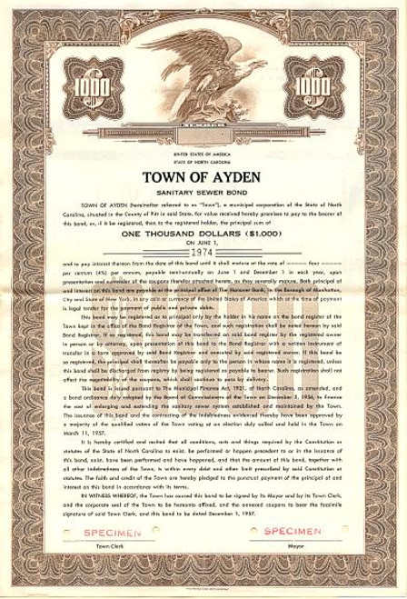 Town of Ayden Sanitary Sewer Bond - North Carolina 1957