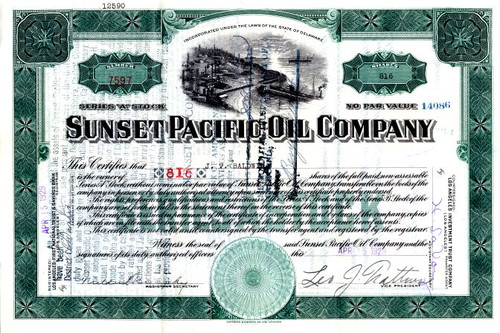 Sunset Pacific Oil Company signed by J.V. Baldwin - Delaware 1929