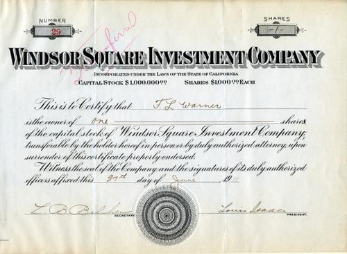 Windsor Square Investment Company - ( Early Los Angeles Real Estate Developer) -  California 1911