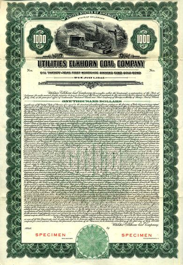 Utilities Elkhorn Coal Company 1000 Gold Bond Kentucky 1928
