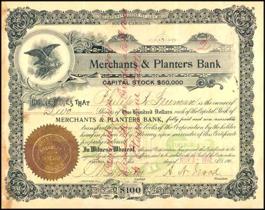 Merchants and Planters Bank 1909 South Carolina Collect Stocks and Bonds