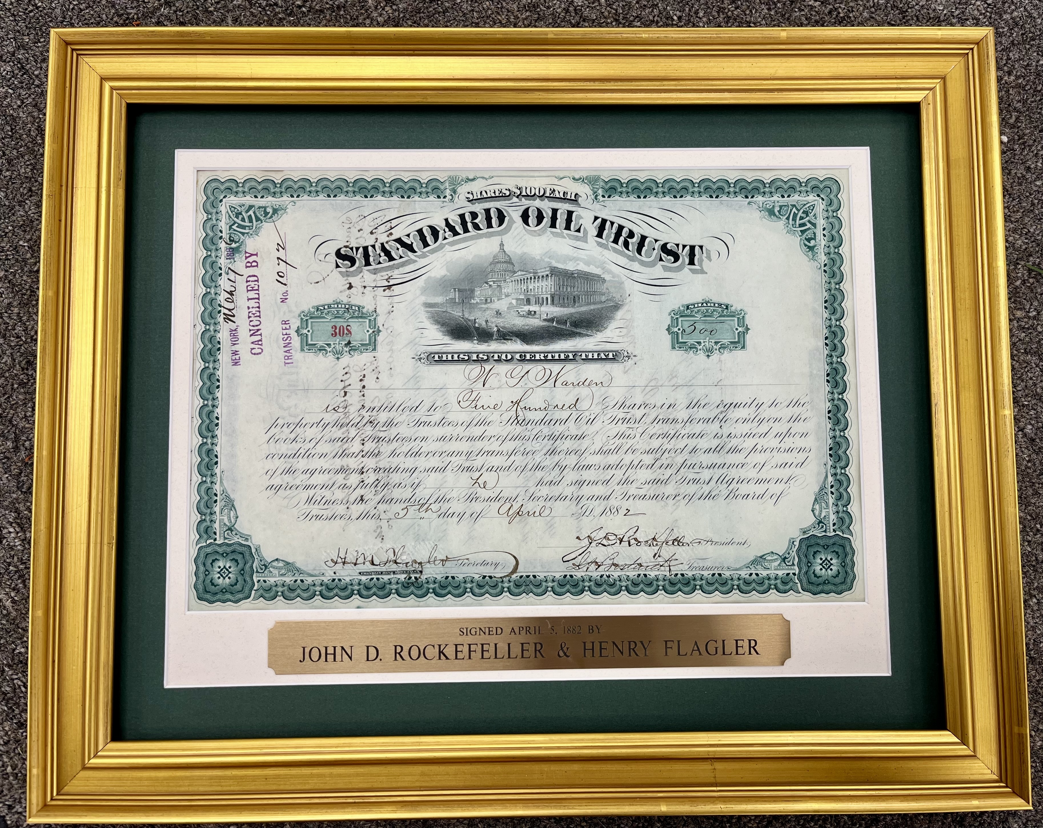 Framed Standard Oil Trust Signed by John. D. Rockefeller and Henry