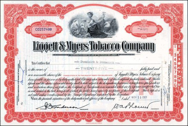 Liggett & Myers Tobacco Company - Scripophily.com | Collect Stocks and  Bonds | Old Stock Certificates for Sale | Old Stock Research
