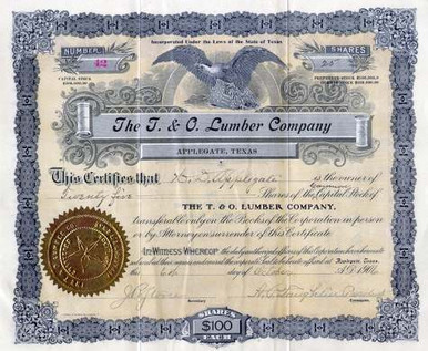 T. & O. Lumber Company signed by H. D. Applegate of Applegate, Texas ...