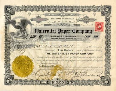Watervliet Paper Company Stock 1915 - Michigan - Scripophily.com ...